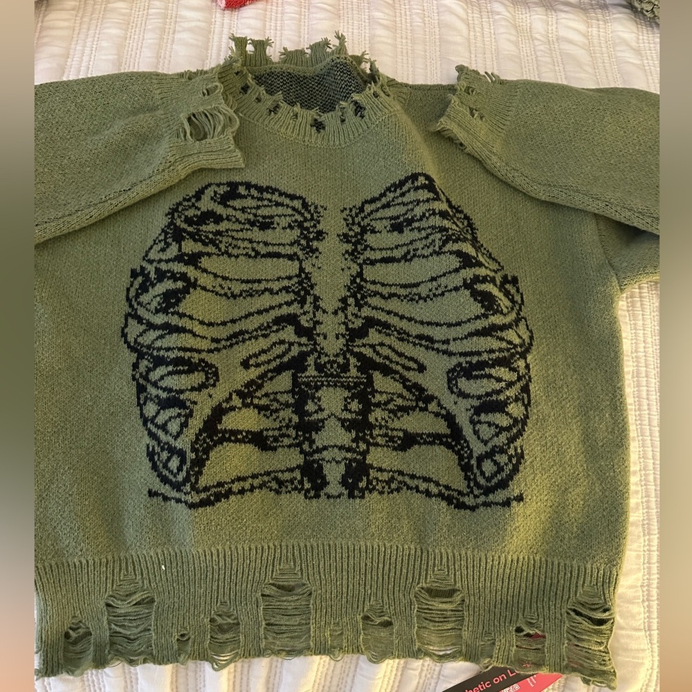 Green Distressed Sweater with Ribcage Design
